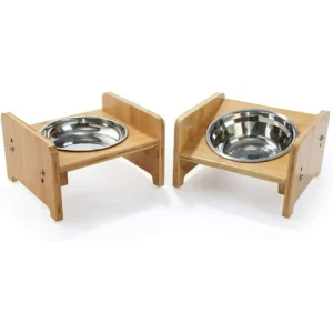 Set of 2 Bamboo Tilted Raised Pet Bowls